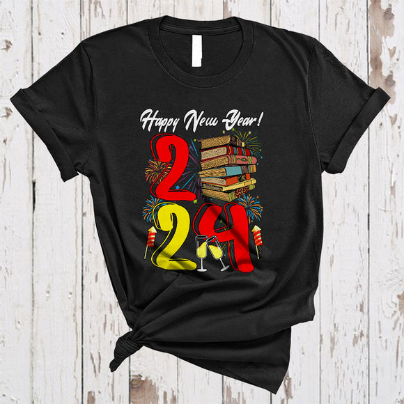 MacnyStore - Happy New Year 2024, Colorful Librarian Tools Fireworks, Matching Friends Family Group T-Shirt