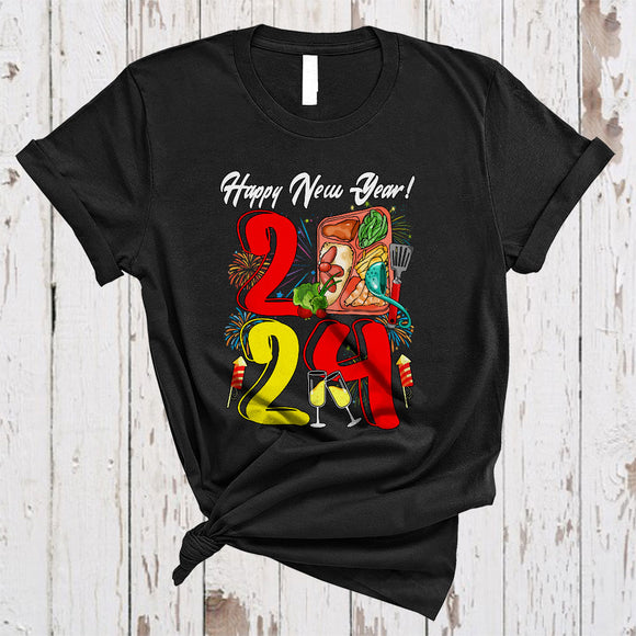 MacnyStore - Happy New Year 2024, Colorful Lunch Lady Tools Fireworks, Matching Friends Family Group T-Shirt