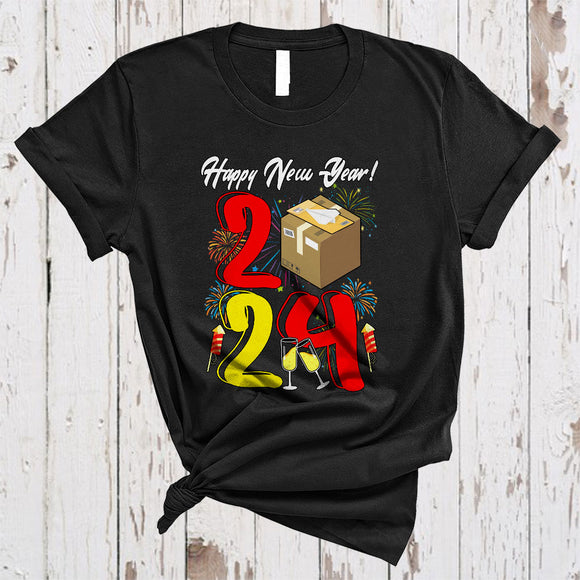 MacnyStore - Happy New Year 2024, Colorful Postal Worker Tools Fireworks, Matching Friends Family Group T-Shirt