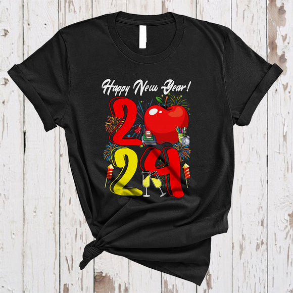 MacnyStore - Happy New Year 2024, Colorful Teacher Tools Fireworks, Matching Friends Family Group T-Shirt