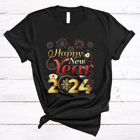 MacnyStore - Happy New Year 2024, Cool Cute New Year Fireworks Family, Matching Nurse Nursing Lover T-Shirt