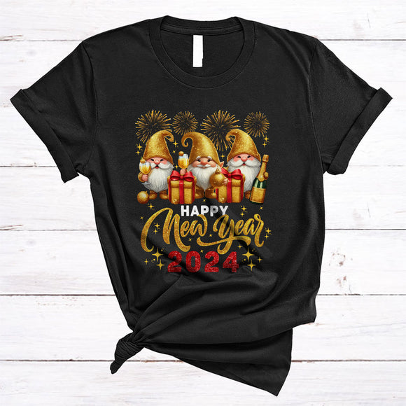 MacnyStore - Happy New Year 2024, Lovely Christmas Three Gnomes Gnomies Lover, Family Matching Group T-Shirt