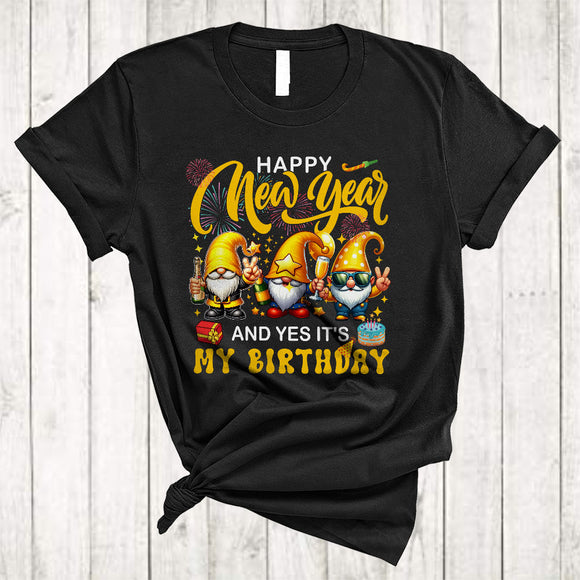 MacnyStore - Happy New Year And Yes It's My Birthday, Adorable Three Gnomes, Fireworks Drinking Group T-Shirt