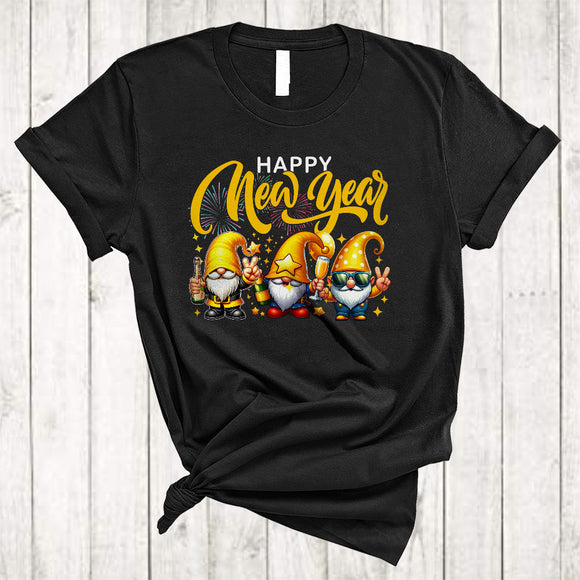MacnyStore - Happy New Year, Adorable Cheerful Christmas Three Gnomes, Fireworks Drinking Family Group T-Shirt