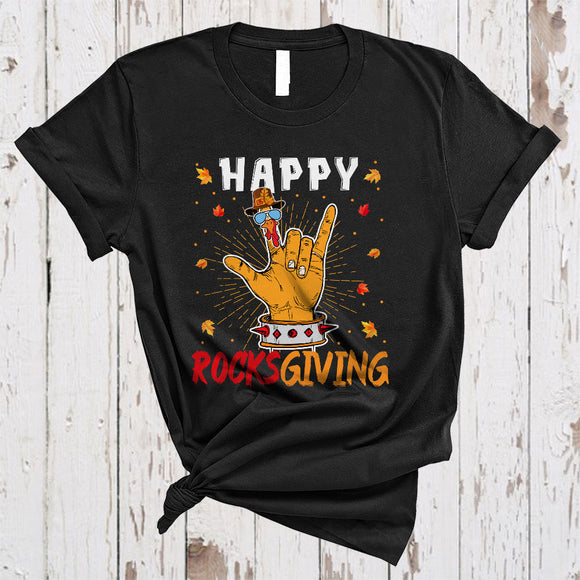 MacnyStore - Happy Rocksgiving, Cool Proud Thanksgiving Turkey Music Rock Hand, Autumn Fall Leaf T-Shirt