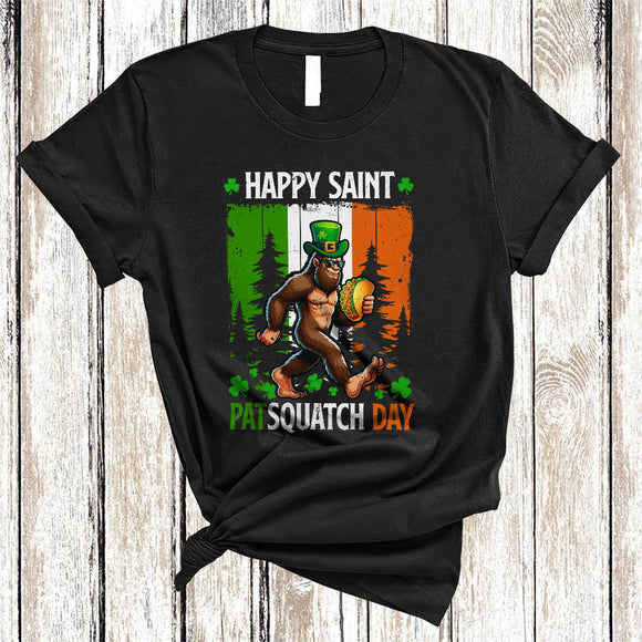 MacnyStore - Happy Saint Patsquatch Day, Humorous St. Patrick's Day Bigfoot With Taco, Vintage Irish Shamrock T-Shirt