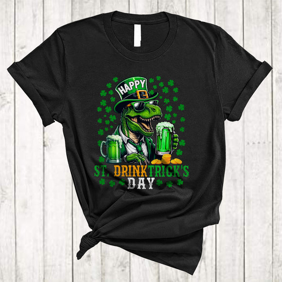 MacnyStore - Happy St Drinktrick's Day, Humorous St. Patrick's Day T-Rex Dinosaur Shamrock, Drunker Drinking Beer T-Shirt