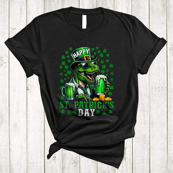 MacnyStore - Happy St Patrick's Day, Humorous T-Rex Dinosaur Shamrock, Drunker Drinking Beer T-Shirt