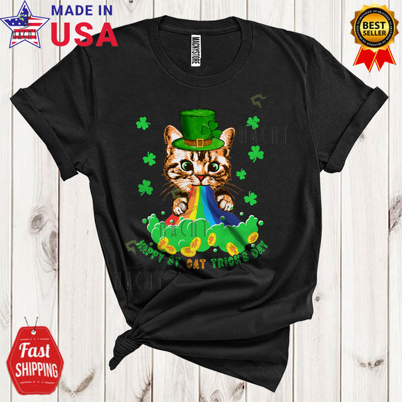 MacnyStore - Happy St. Cat Trick's Day Cute Cool St. Patrick's Day Shamrocks Leprechaun Cat Rainbow Lover T-Shirt