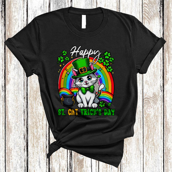 MacnyStore - Happy St. Cat Trick's Day, Lovely St. Patrick's Day Shamrock Cat Lover, Irish Rainbow T-Shirt