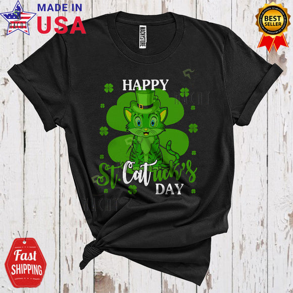 MacnyStore - Happy St. Catrick's Day Cute Cool St. Patrick's Day Shamrock Shape Leprechaun Cat Owner Lover T-Shirt