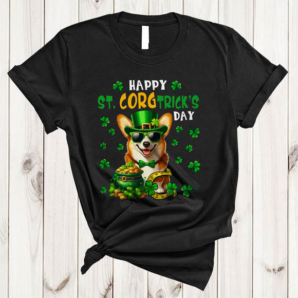 MacnyStore - Happy St. Corgtrick Day, Awesome St. Patrick's Day Leprechaun Corgi Sunglasses, Shamrocks T-Shirt