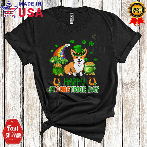 MacnyStore - Happy St. Corgtrick's Day Funny Cool St. Patrick's Day Leprechaun Corgi Dog Shamrock Rainbow Lover T-Shirt