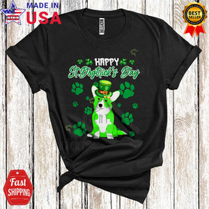 MacnyStore - Happy St. Dogtrick's Day Cute Funny St. Patrick's Day Leprechaun Corgi Dog Paws Lover T-Shirt