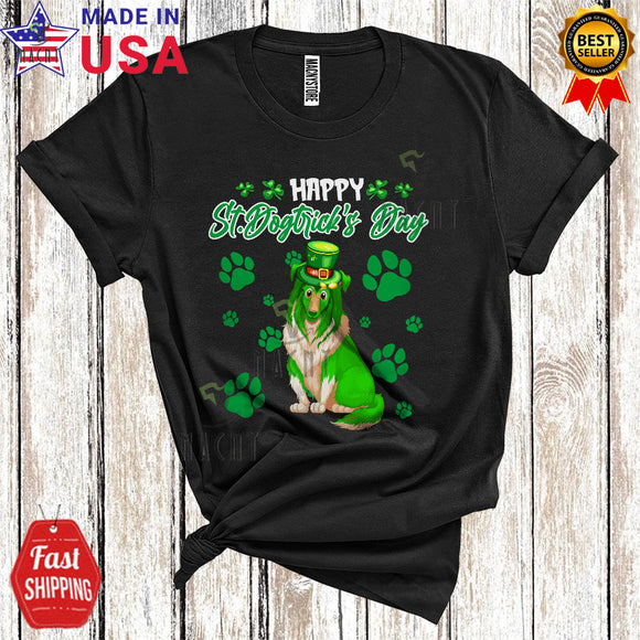 MacnyStore - Happy St. Dogtrick's Day Cute Funny St. Patrick's Day Leprechaun Sheltie Dog Paws Lover T-Shirt