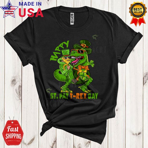 MacnyStore - Happy St. Pat T-Rex Day Funny Cool St. Patrick's Day Leprechaun Riding T-Rex Dinosaur Shamrocks T-Shirt