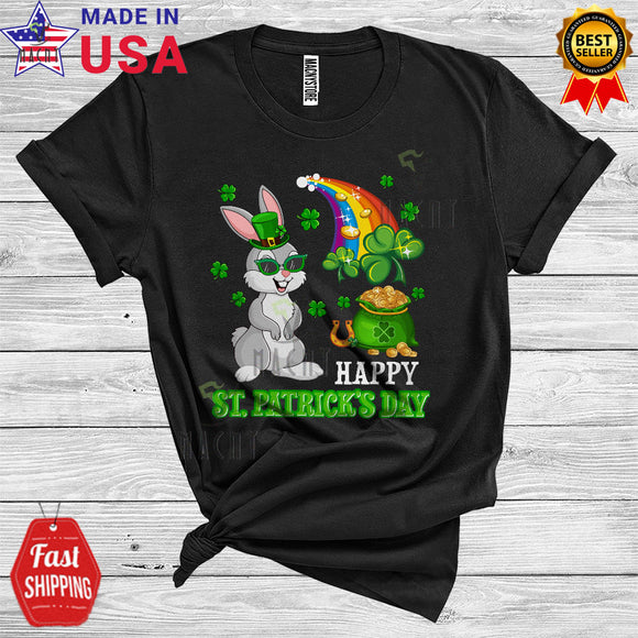 MacnyStore - Happy St. Patrick's Day Cool Cute St. Patrick's Day Leprechaun Rabbit Shamrock Rainbow Animal Lover T-Shirt
