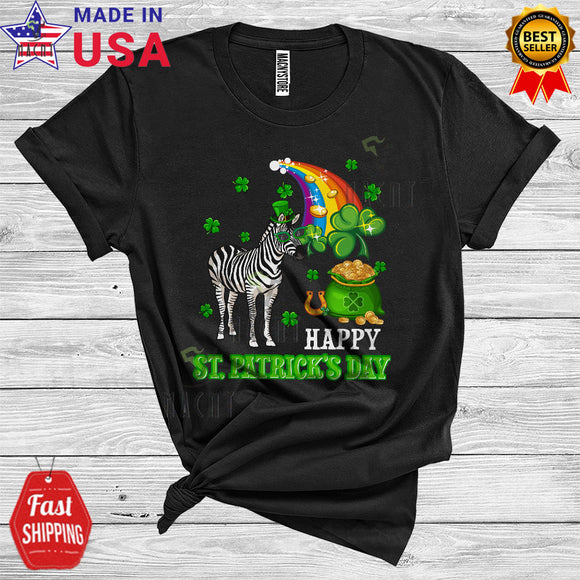 MacnyStore - Happy St. Patrick's Day Cool Cute St. Patrick's Day Leprechaun Zebra Shamrock Rainbow Animal Lover T-Shirt