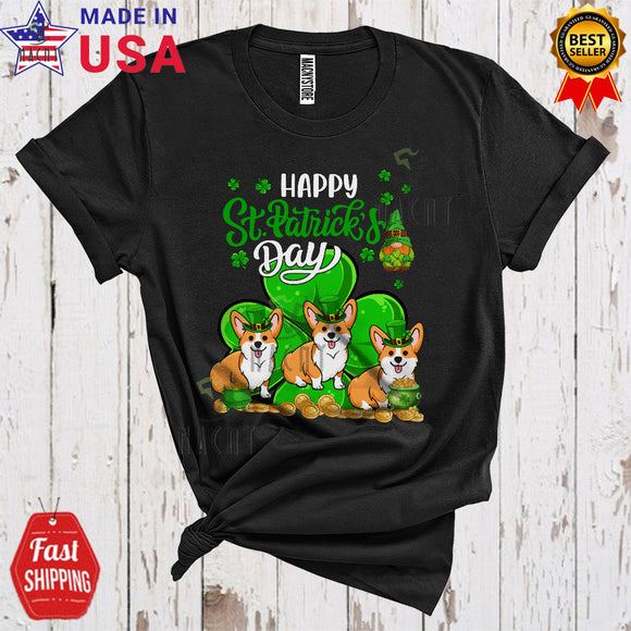 MacnyStore - Happy St. Patrick's Day Cool Funny Three Leprechaun Corgis Gnome Shamrocks Lover T-Shirt