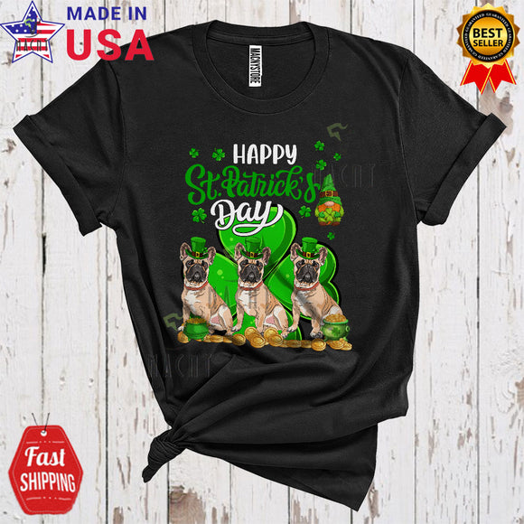 MacnyStore - Happy St. Patrick's Day Cool Funny Three Leprechaun French Bulldogs Gnome Shamrocks Lover T-Shirt