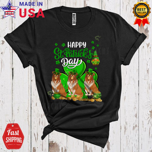 MacnyStore - Happy St. Patrick's Day Cool Funny Three Leprechaun Shetland Sheepdogs Gnome Shamrocks Lover T-Shirt