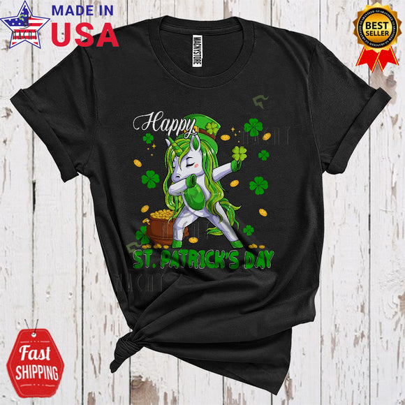 MacnyStore - Happy St. Patrick's Day Cute Cool Dabbing Leprechaun Unicorn With Shamrock Lover Matching Group T-Shirt