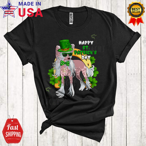 MacnyStore - Happy St. Patrick's Day Cute Cool Leprechaun Chinese Crested Dog With Rainbow Horseshoe Shamrocks T-Shirt