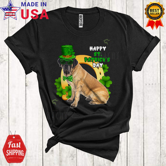 MacnyStore - Happy St. Patrick's Day Cute Cool Leprechaun English Mastiff Dog With Rainbow Horseshoe Shamrocks T-Shirt
