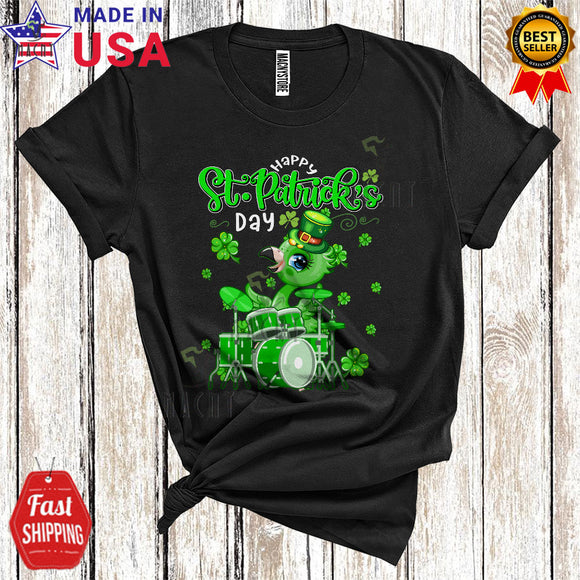 MacnyStore - Happy St. Patrick's Day Cute Cool Leprechaun Flamingo Playing Drum Musical Instruments Lover T-Shirt