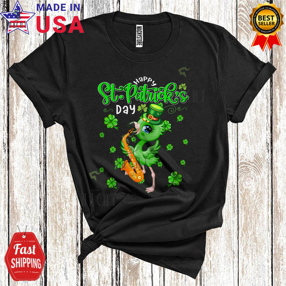 MacnyStore - Happy St. Patrick's Day Cute Cool Leprechaun Flamingo Playing Saxophone Musical Instruments Lover T-Shirt