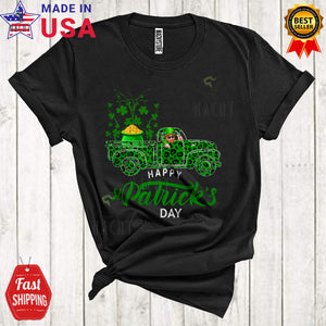 MacnyStore - Happy St. Patrick's Day Cute Cool St. Patrick's Day Leprechaun Driving Leopard Pickup Truck Shamrocks T-Shirt