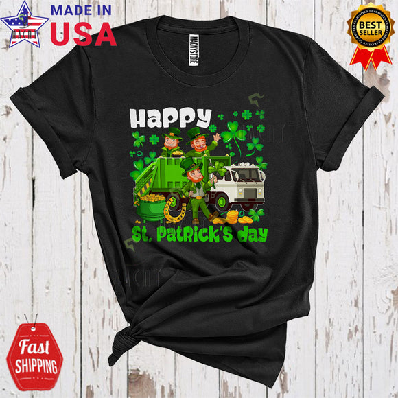 MacnyStore - Happy St. Patrick's Day Cute Funny Shamrocks Leprechaun Driving Green Garbage Truck With Pot Of Gold T-Shirt
