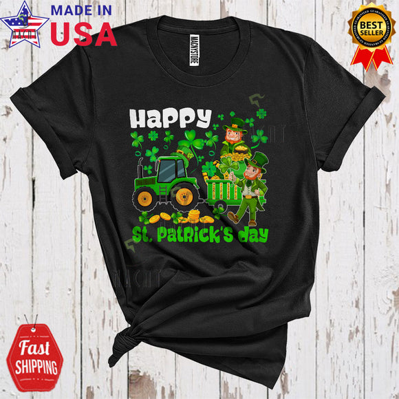 MacnyStore - Happy St. Patrick's Day Cute Funny Shamrocks Leprechaun Driving Green Tractor With Pot Of Gold T-Shirt
