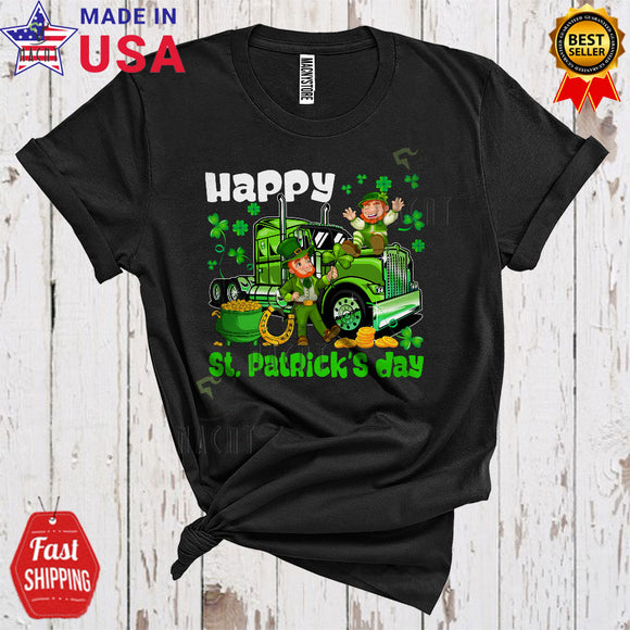 MacnyStore - Happy St. Patrick's Day Cute Funny Shamrocks Leprechaun Driving Green Truck With Pot Of Gold T-Shirt
