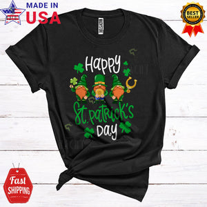 MacnyStore - Happy St. Patrick's Day Cute Funny St. Patrick's Day Three Irish Gnomes Gnomies Shamrocks Lover T-Shirt