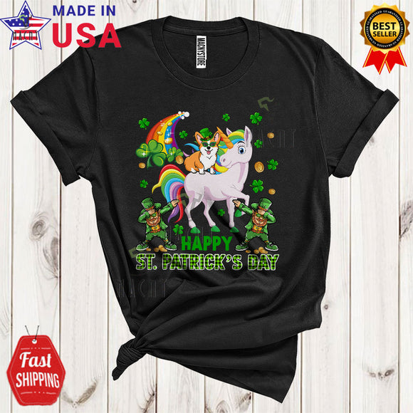 MacnyStore - Happy St. Patrick's Day Cute Plaid Shamrock Leprechaun Corgi Dog Riding Unicorn Lover T-Shirt