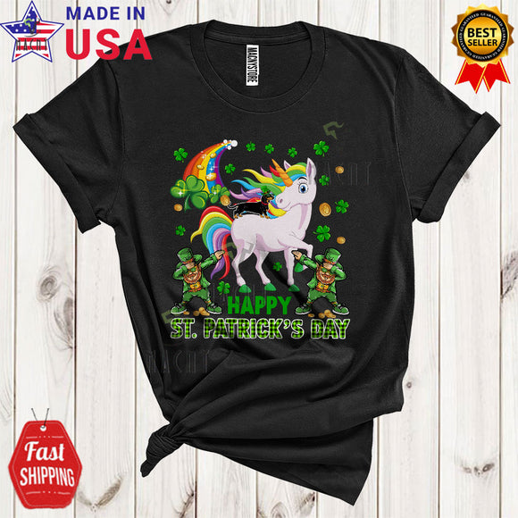 MacnyStore - Happy St. Patrick's Day Cute Plaid Shamrock Leprechaun Dachshund Dog Riding Unicorn Lover T-Shirt