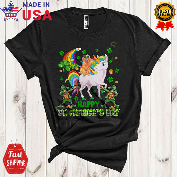 MacnyStore - Happy St. Patrick's Day Cute Plaid Shamrock Leprechaun Golden Retriever Dog Riding Unicorn Lover T-Shirt