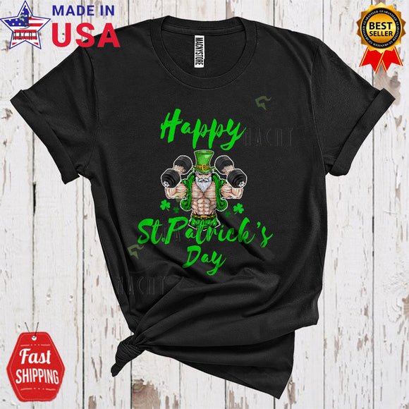 MacnyStore - Happy St. Patrick's Day Funny Cool Shamrock Leprechaun Weightlifting Dumbbells Fitness Workout Lover T-Shirt