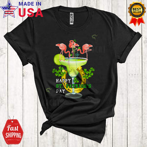 MacnyStore - Happy St. Patrick's Day Funny Cool Three Leprechaun Flamingos Drinking Margarita Horseshoe Shamrocks T-Shirt