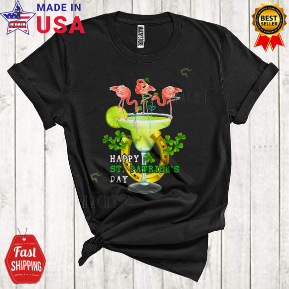 MacnyStore - Happy St. Patrick's Day Funny Cool Three Leprechaun Flamingos Drinking Margarita Horseshoe Shamrocks T-Shirt