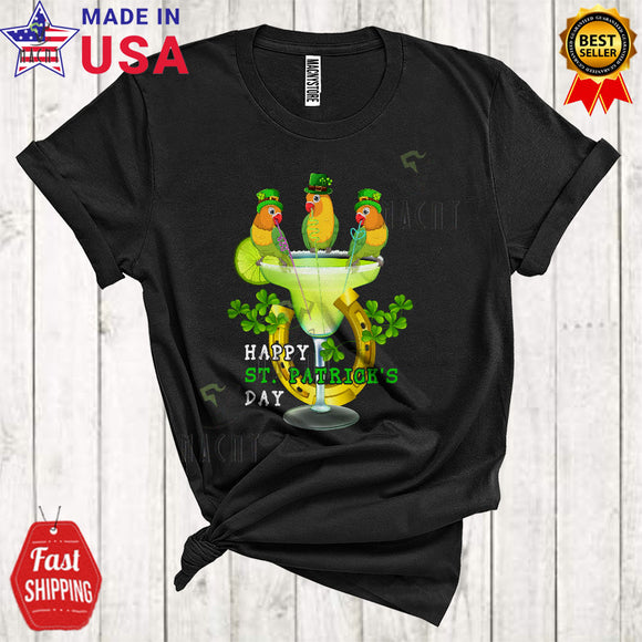 MacnyStore - Happy St. Patrick's Day Funny Cool Three Leprechaun Parrots Drinking Margarita Horseshoe Shamrocks T-Shirt