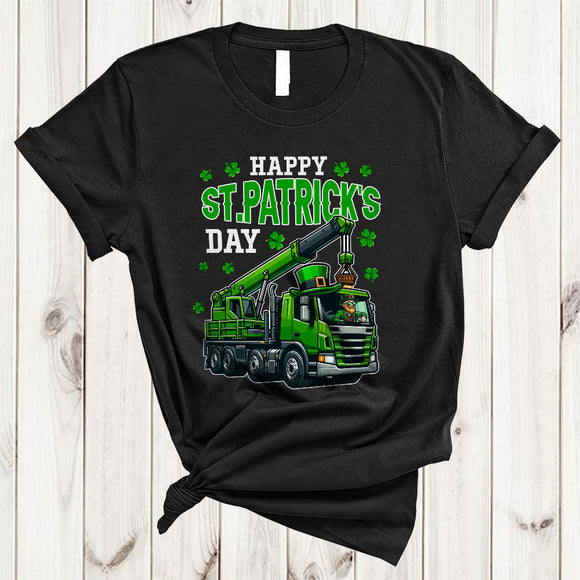 MacnyStore - Happy St. Patrick's Day, Adorable Leprechaun Driving Crane Truck Lover, Lucky Shamrock Irish Family T-Shirt