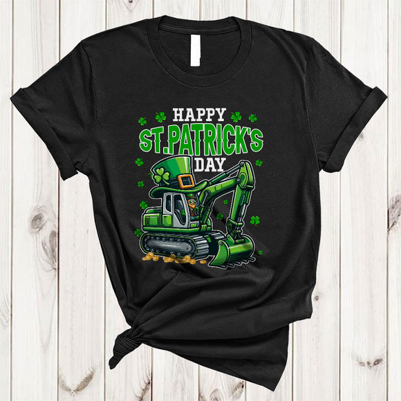 MacnyStore - Happy St. Patrick's Day, Adorable Leprechaun Driving Excavator Lover, Lucky Shamrock Irish Family T-Shirt