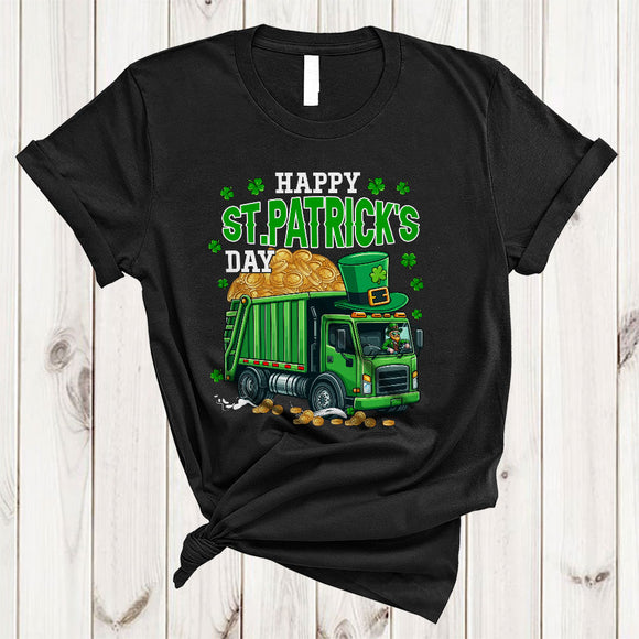 MacnyStore - Happy St. Patrick's Day, Adorable Leprechaun Driving Garbage Truck Lover, Lucky Shamrock Irish Family T-Shirt