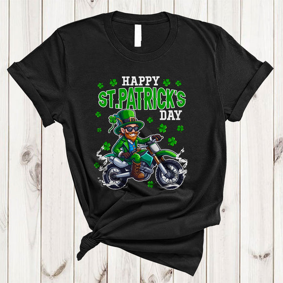 MacnyStore - Happy St. Patrick's Day, Adorable Leprechaun Riding Dirt Bike Lover, Lucky Shamrock Irish Family T-Shirt