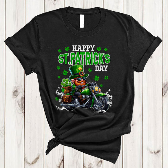 MacnyStore - Happy St. Patrick's Day, Adorable Leprechaun Riding Motorbike Lover, Lucky Shamrock Irish Family T-Shirt