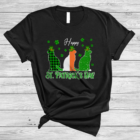 MacnyStore - Happy St. Patrick's Day, Amazing Three Ireland Flag Plaid Shamrock Cat Lover, Irish Group T-Shirt