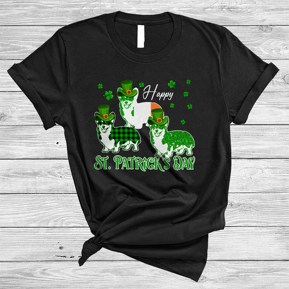 MacnyStore - Happy St. Patrick's Day, Amazing Three Ireland Flag Plaid Shamrock Corgi Lover, Irish Group T-Shirt