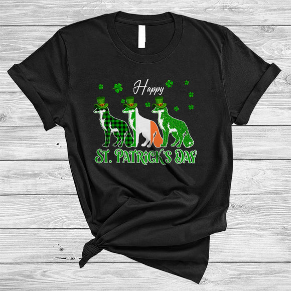 MacnyStore - Happy St. Patrick's Day, Amazing Three Ireland Flag Plaid Shamrock Fox Lover, Irish Group T-Shirt
